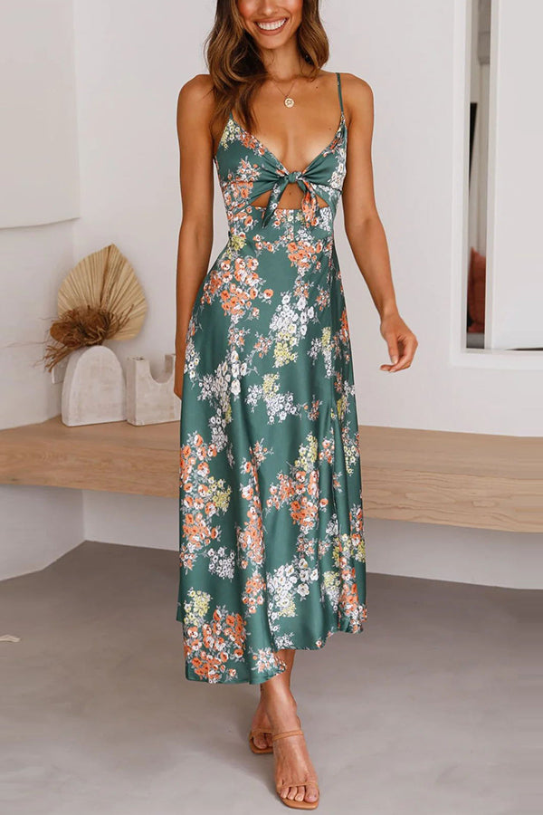 Dreamers Satin Floral Tie Up Slit Midi Dress