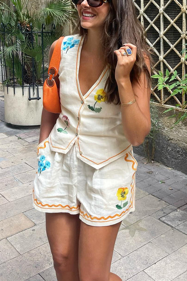 Summer Flower Printed Linen Blend Button Vest and Elastic Waist Pocketed Shorts Set