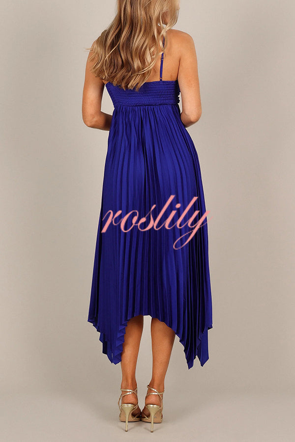 Solid Color Sexy Suspender Pleated Irregular Midi Dress