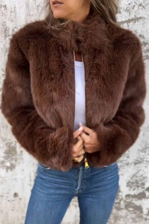 Stylish Faux Fur Turtleneck Zipper Casual Jacket