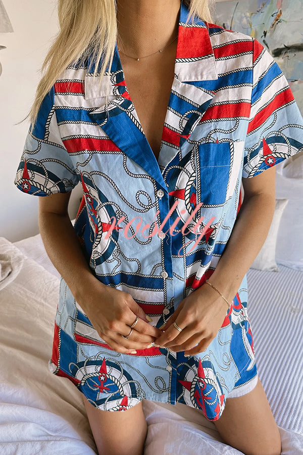 Summer Adventures Unique Print Pocket Loose Shirt and Elastic Waist Shorts PJ / Vacay Set