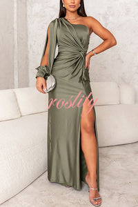 Country Party Charm Satin One Shoulder Twist Detail Slit Maxi Dress