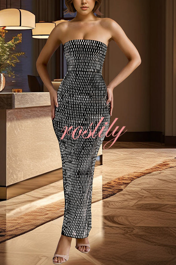 Flash Sculpture Rhinestone Embellished Bandeau Slit Stretch Maxi Dress