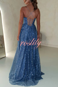 Cinderella Glitter Tulle Fabric Cowl Neck Back Lace-up Pocketed Slit Maxi Dress