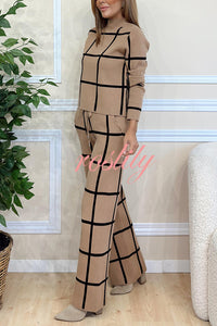 Fashionable Plaid Turtleneck Long Sleeve Top and Elastic Waist Tie Pocket Pants Set