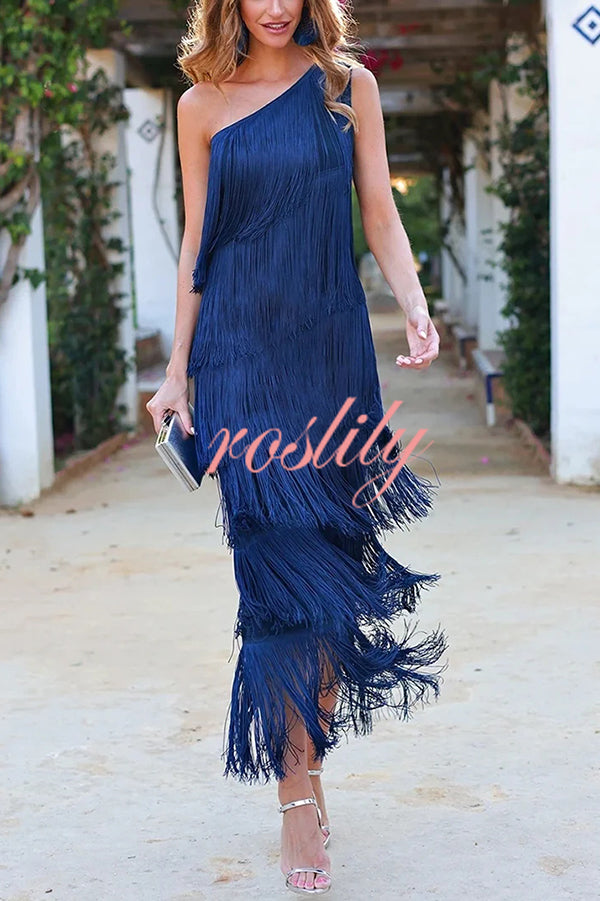 Stylish Fringed One Shoulder Asymmetric Midi Dress