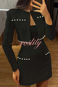 Stylish and Elegant Tweed Pearl-embellished Long-sleeved Jacket