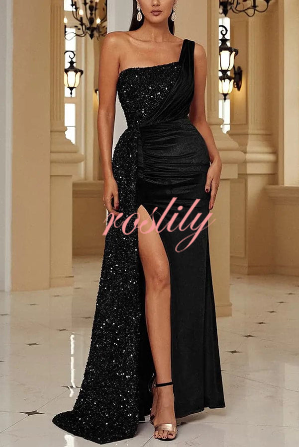 Taylor Sequin Velvet Patchwork One Shoulder Ruched Slit Prom Maxi Dress