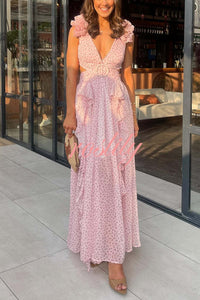 Wedding Dreams Chiffon Printed Flutter Sleeve Cutout Back Lace-up Maxi Dress