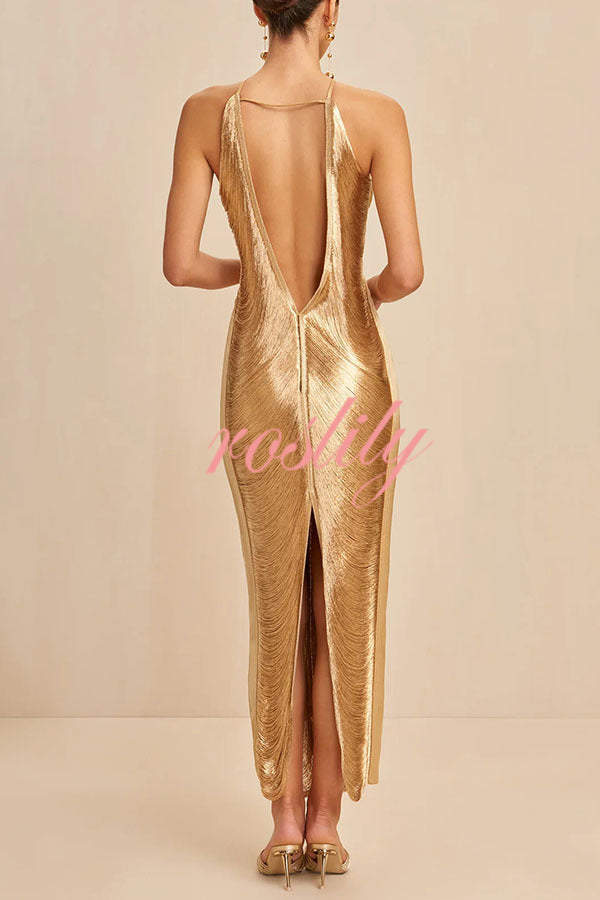 Sexy Allnight Metallic Halterneck Backless Fringed Slit Maxi Dress