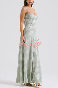 Romantic Vintage Feel Jacquard Fabric Back Lace-up Slip Floaty Maxi Dress