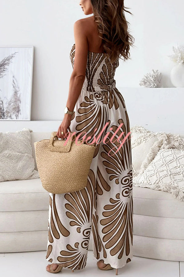 Unique Printed Off-shoulder Pleated Casual Wide-leg Jumpsuit