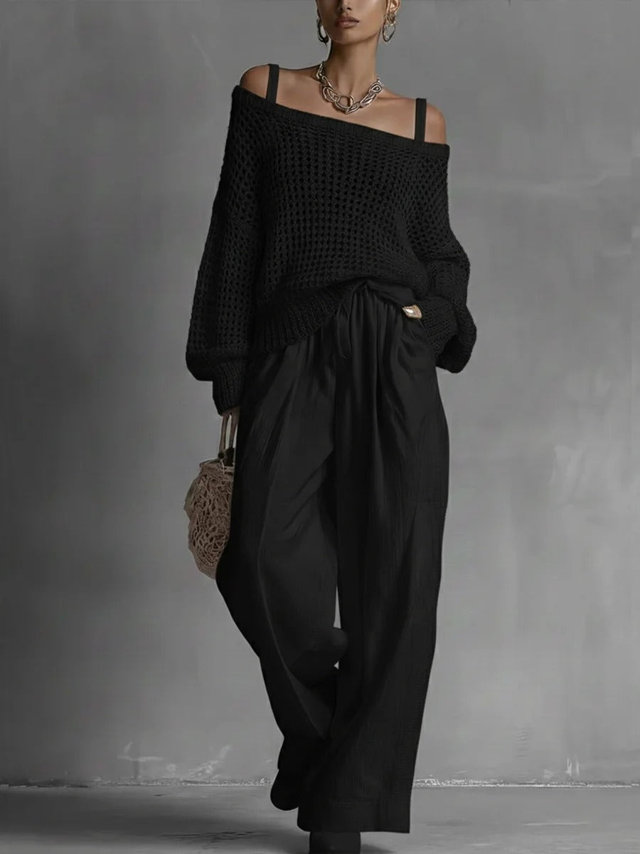 Luxe Open-Knit Top & Wide-Leg Pants Set