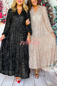 Christmas Elegant Sequin Long Sleeve V Neck Midi Dress