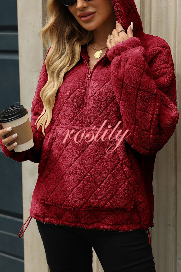 Solid Color Loose Half-Zip Pocket Plush Hoodie