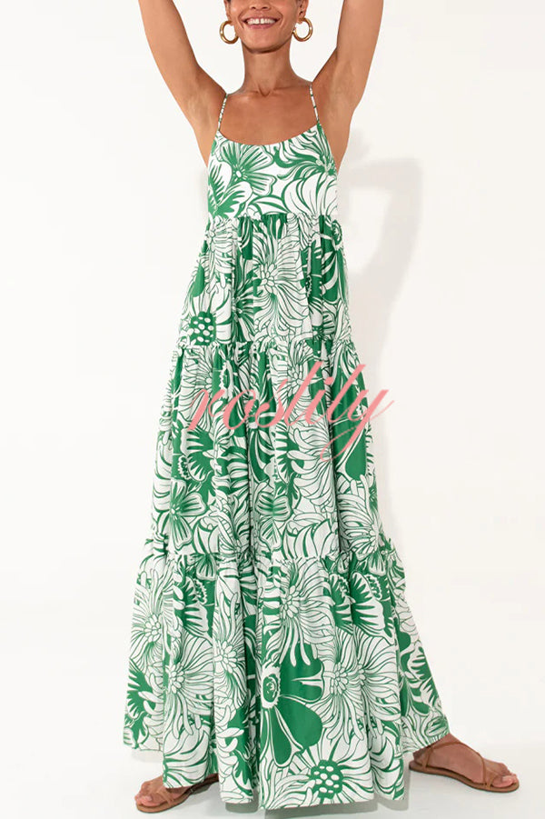 Botanical Floral Print Sexy Sling Backless Maxi Dress