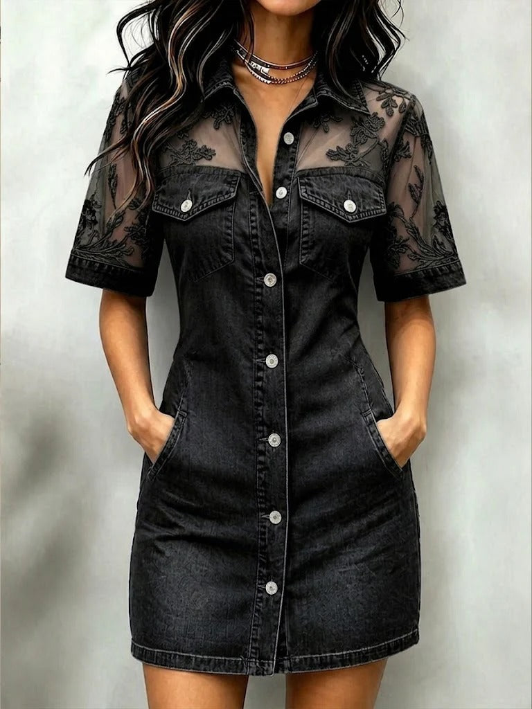 Embroidered Mesh Patchwork Denim Dress