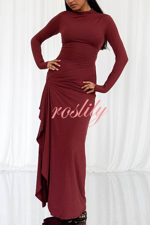 Venus Long Sleeve Ruched Side Slit Drape Ruffles Back Lace-up Stretch Maxi Dress