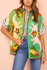 Enjoy Summer Lemon Satin Unique Print Button Down Oversized Blouse