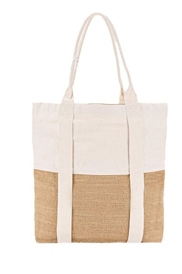 Linen Blend Contrast Patchwork Beach Bag