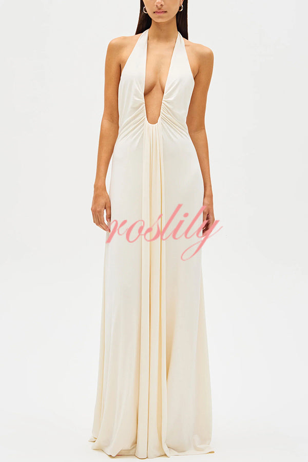 Sexy Silhouette Deep U-neck Halter Waterfall Sash Drape Maxi Dress