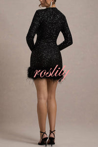 Party Must-have Sequin Long Sleeve Feather Trim Stretch Mini Dress