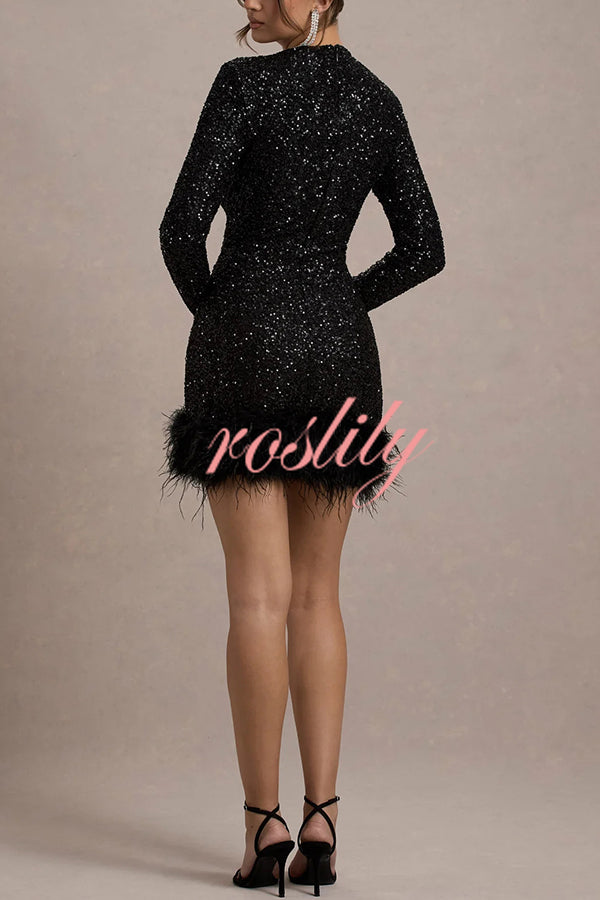 Party Must-have Sequin Long Sleeve Feather Trim Stretch Mini Dress