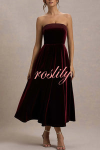 Center of Attention Velvet Satin Neck Bandeau Pleated Midi Dress