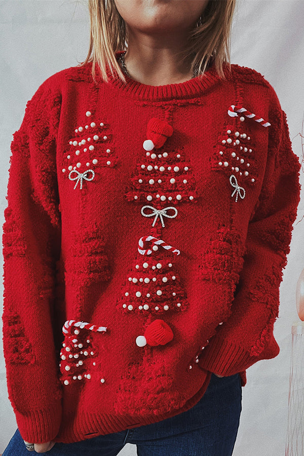 Christmas Pattern Knitted Crew Neck Long Sleeved Sweater