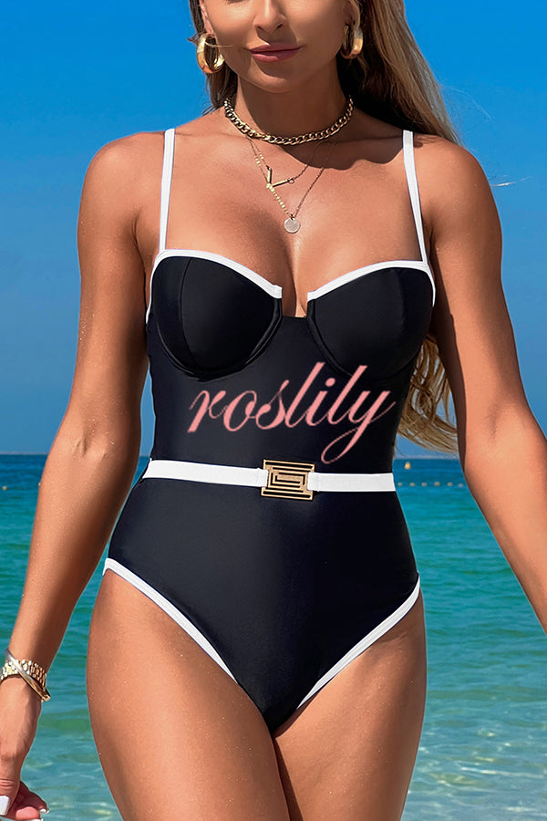 Fashionable Contrast-color Overlock Stretch One-piece Swimsuit