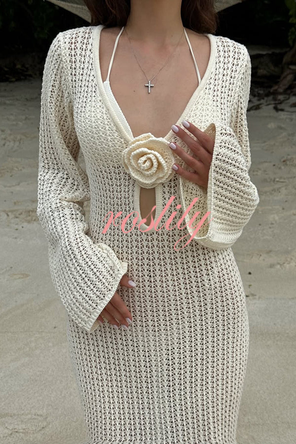 Bahamas Knit Long Bell Sleeve Sexy Backless Holiday Cover-up Maxi Dress