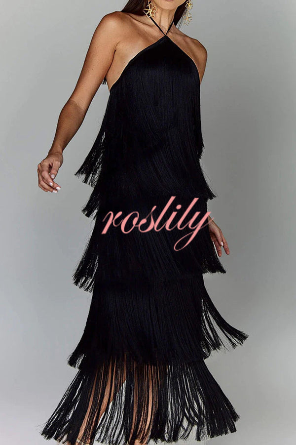 Sexy Halterneck Backless Elegant Fringe Maxi Dress