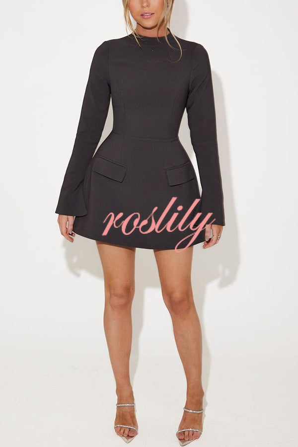 Ultimate Muse High Neck Long Slit Sleeve Flap Pocket Mini Dress