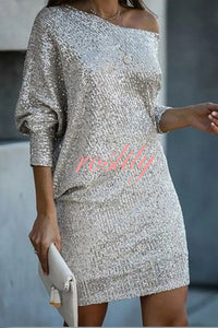 Solid Sequined Off-shoulder Loose Mini Dress