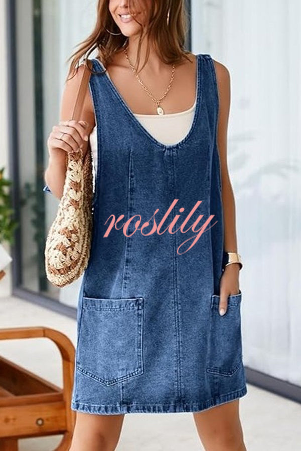 Solid Color Sleeveless V-neck Pocket Adjustable Denim Suspender Mini Dress