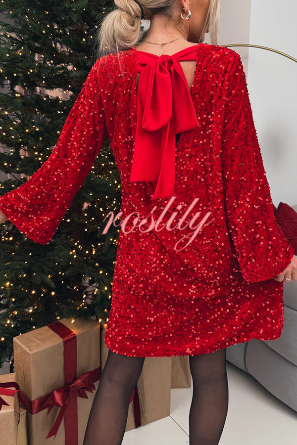 Velvet Sequin Back Bow Bell Sleeves Loose Mini Dress