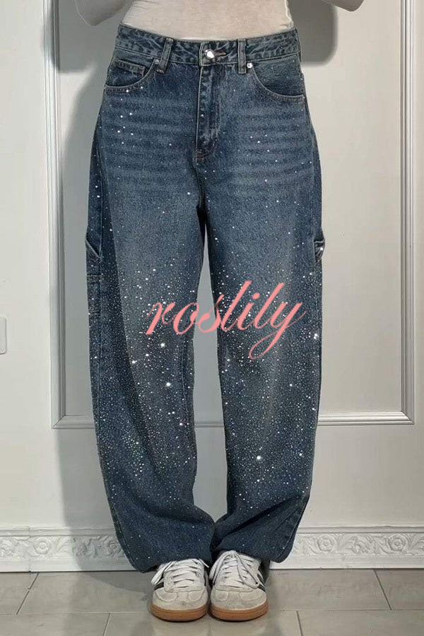 Fashionable Rhinestone Mid-rise Loose Pocket Straight Jeans