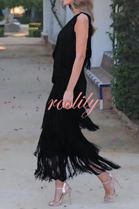 Stylish Fringed One Shoulder Asymmetric Midi Dress