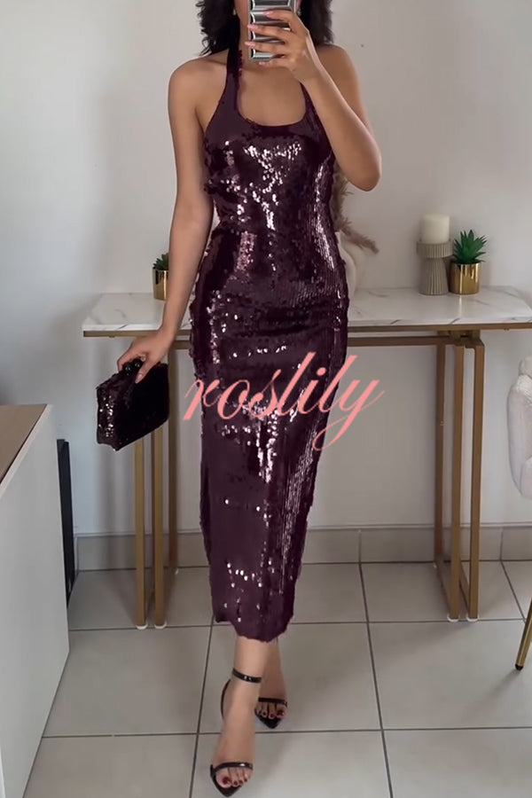 Night Glow Disc Sequin Halter Backless Slit Midi Dress