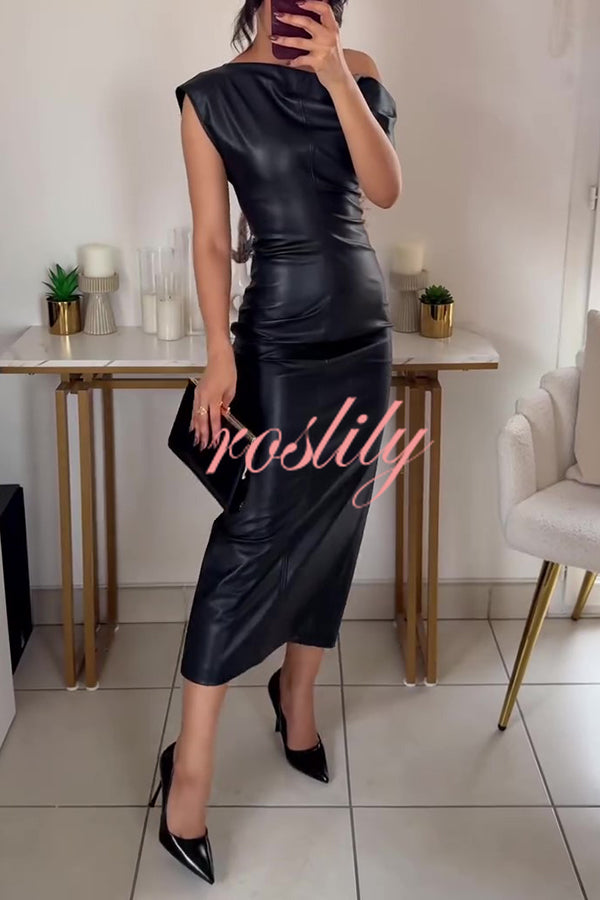 Solid Asymmetrical Slope-neck Leather Midi Dress