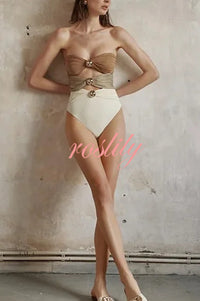 Color Block Patchwork Hollow Metal Decorative Stretch One-piece Swimsuit