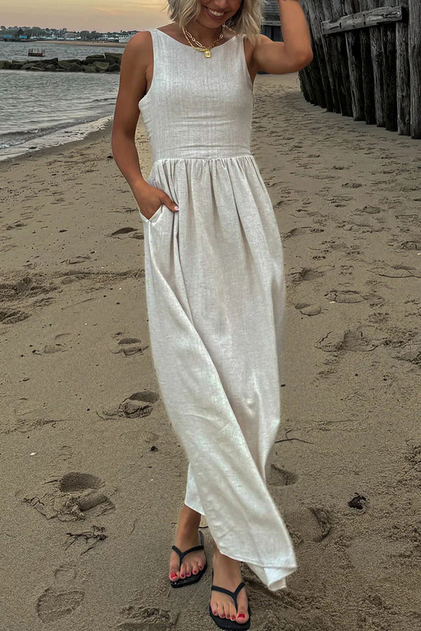 Relaxed and Comfortable Linen Blend Boat Neck Pocketed Loose Maxi Dress