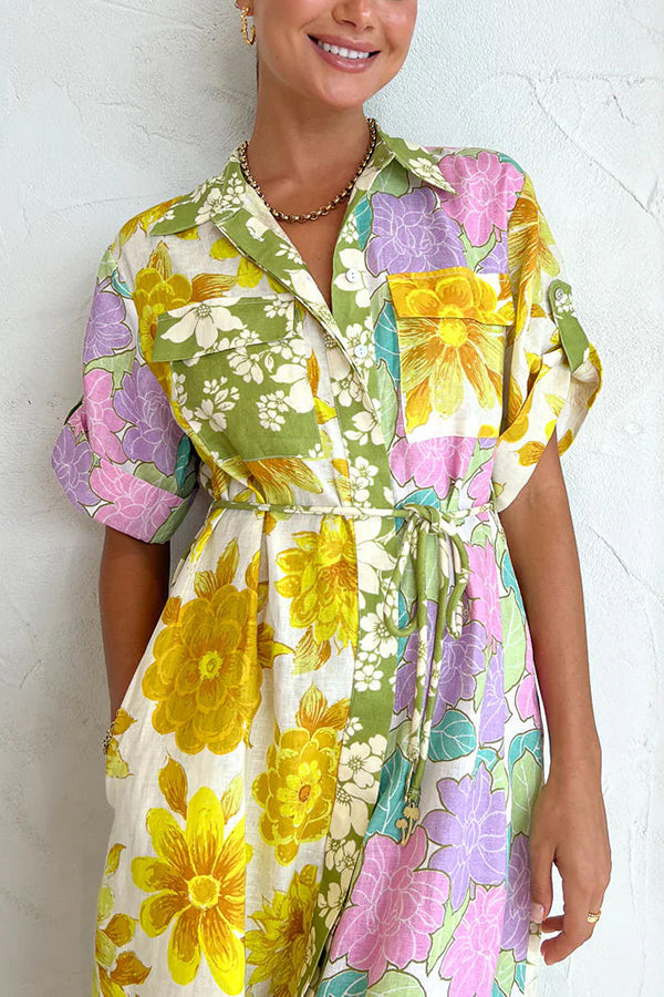 Travel Effortlessly Linen Blend Floral Patchwork Shirt Midi Dress