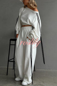 Contrast Color Webbing Casual Sweatshirt and Elastic Waist Tie Loose Pants Set