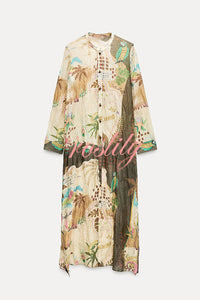 Cayla Linen Blend Unique Print Button Long Sleeve Shirt Midi Dress