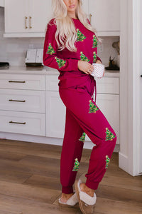 Christmas Sequin Print Long Sleeve Top and Elastic Waist Tie Pocket Pants Set