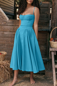 Solid Color Buttonless Bandeau Side Pocket Midi Dress