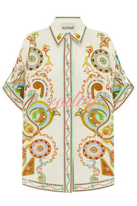 Antibes Unique Printed Loose Button-down Shirt and Pocket Elastic Waist Shorts Set