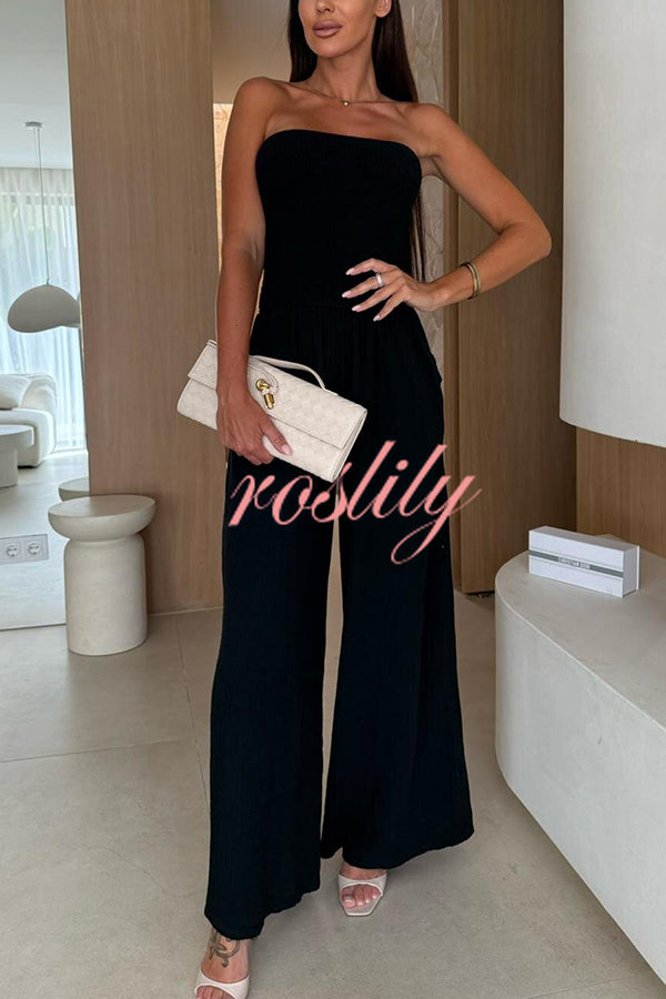 Linen Blend Solid Color Off-the-shoulder Pleated Casual Pocket Wide-leg Jumpsuit