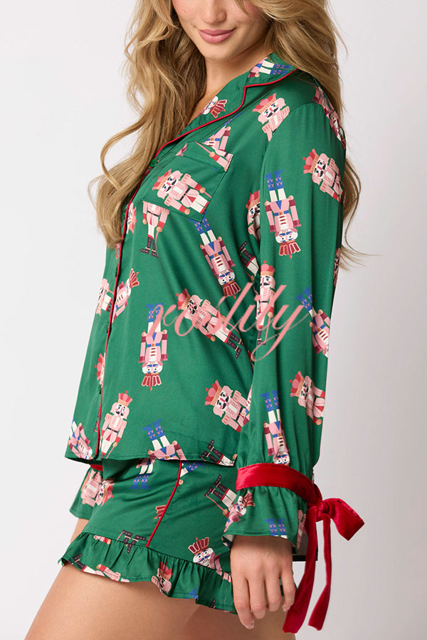 Christmas Fashion Printed Bow Tie Top and Elastic Waist Ruffle Shorts Set